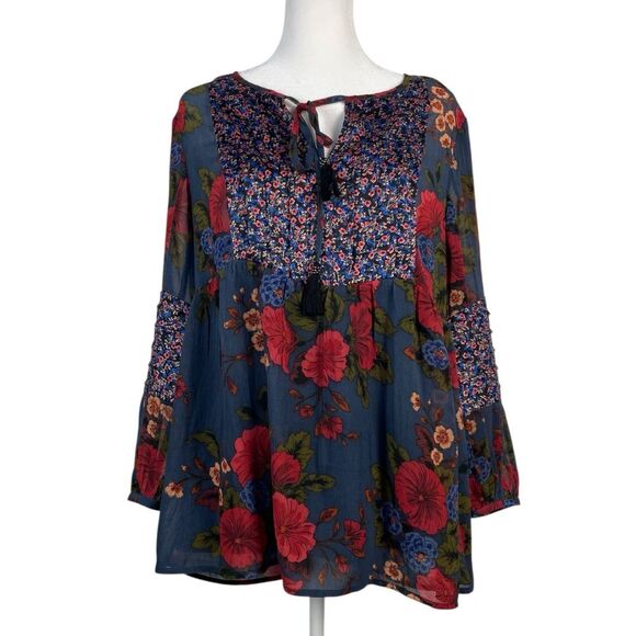 Daniel Rainn Mixed Print Red Floral Peasant Top Medium NEW 3/4 Sleeves Boho Shee - Picture 1 of 9